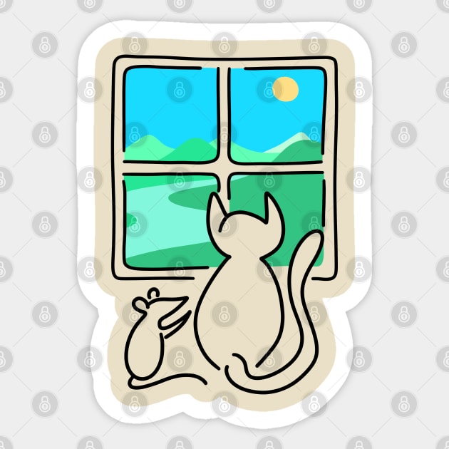 Cat and Mouse Window View BLACK OUTLINE Sticker by rocksandcolors